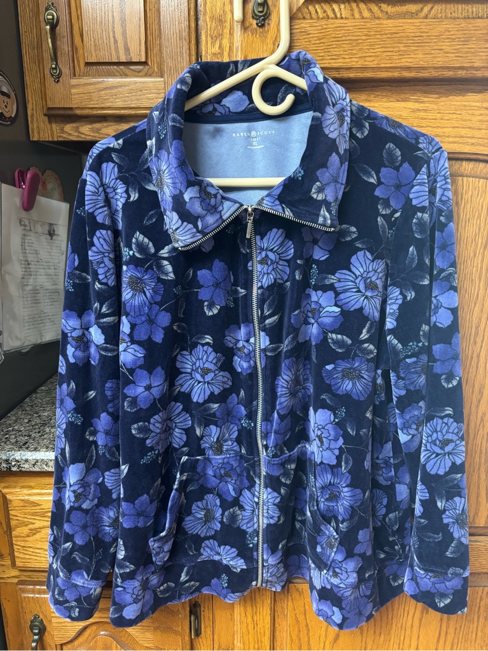 Karen Scott Navy Velvet Zip Jacket with Lavender Floral Print